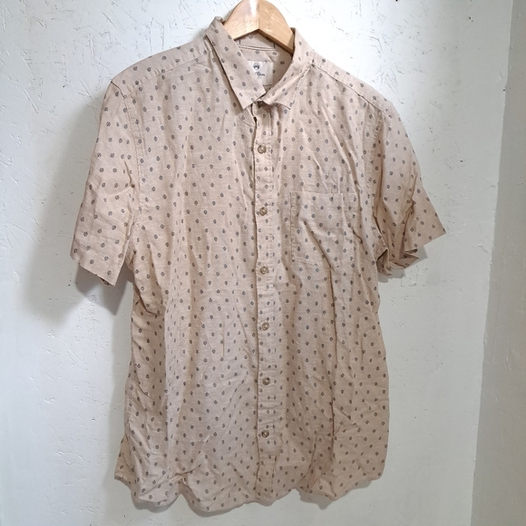 Wind river | Beige leaf pattern button up short sleeve men's shirt - Picture 1 of 8